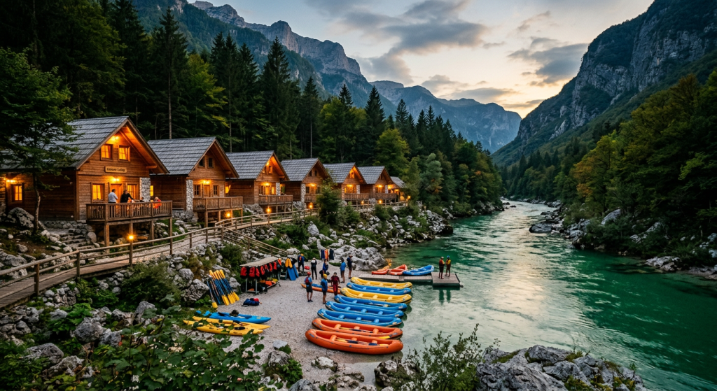 Bungalovi rafting kampa na obali rijeke