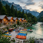 Bungalovi rafting kampa na obali rijeke